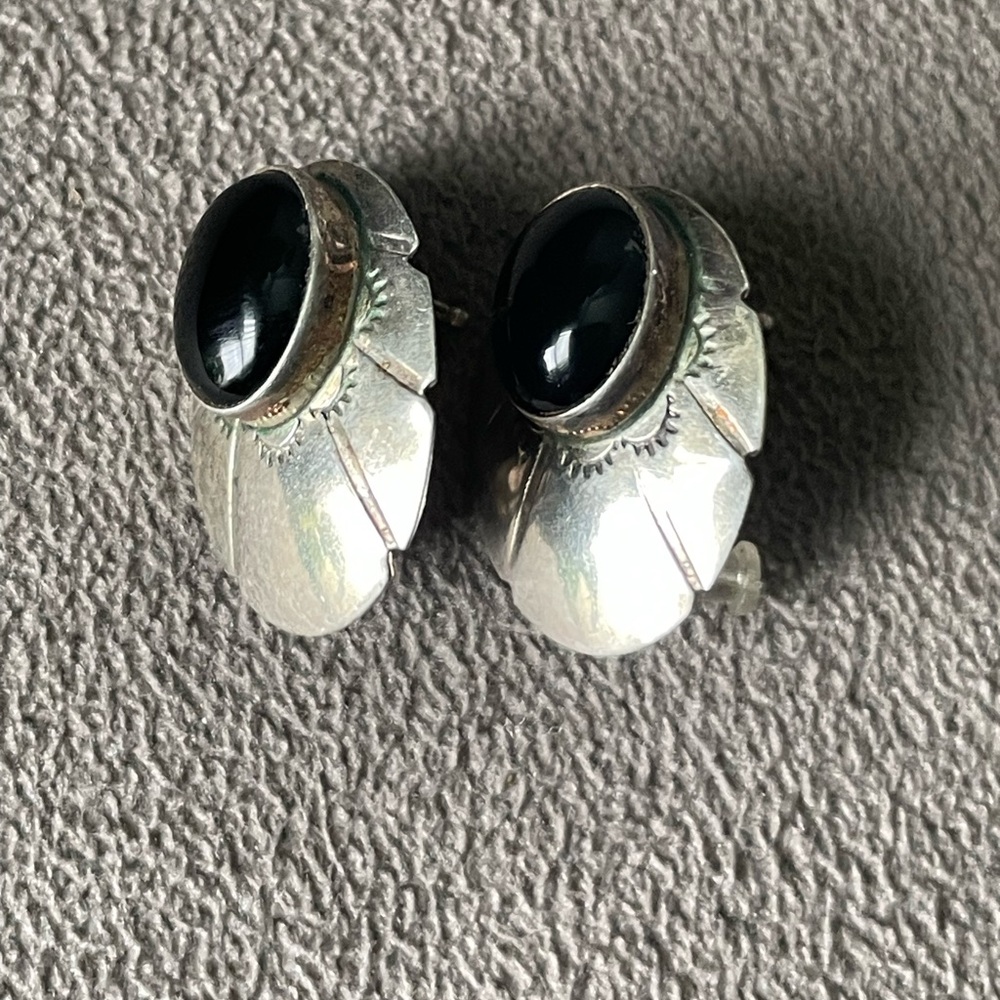 Vintage Southwest Sterling Silver and Black Onyx Pierced Earrings